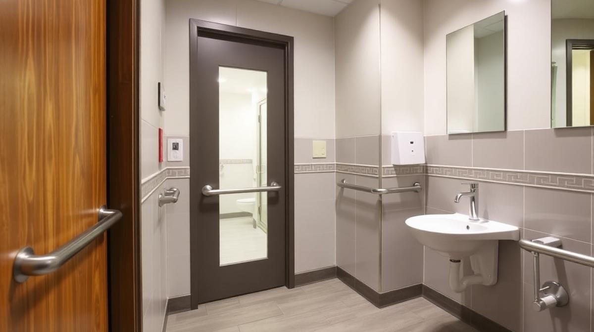 ADA accessible commercial restroom with grab bars, lever door handles, accessible sink, and wide doorway in a tenant improvement project