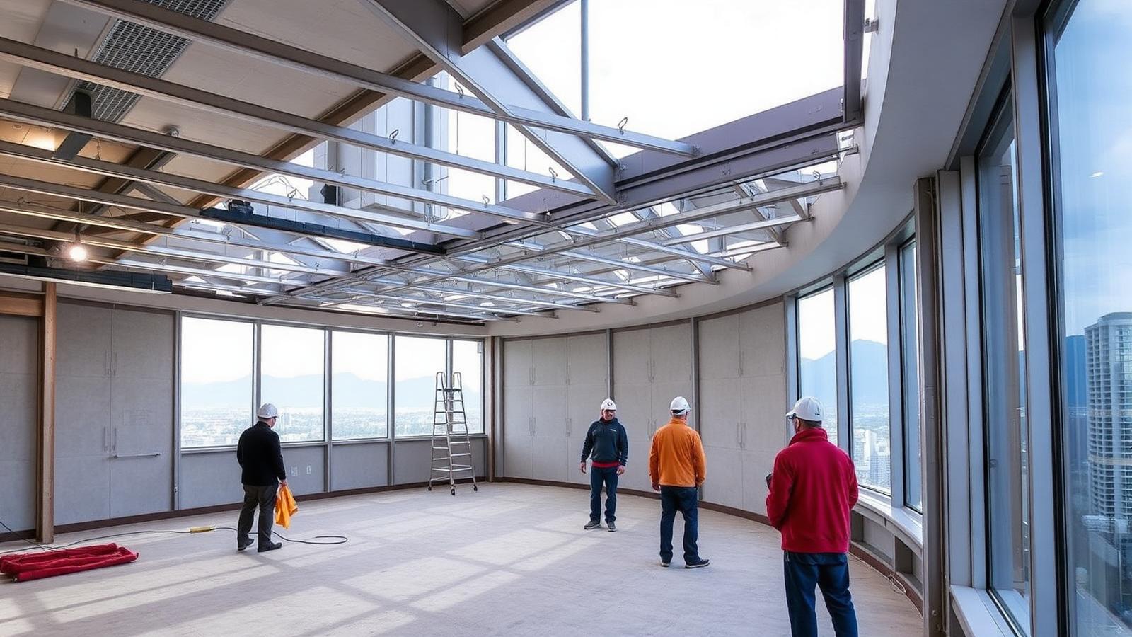 Burnaby BC commercial highrise tenant improvement interior with steel stud framing under a translucent ceiling and mountain views
