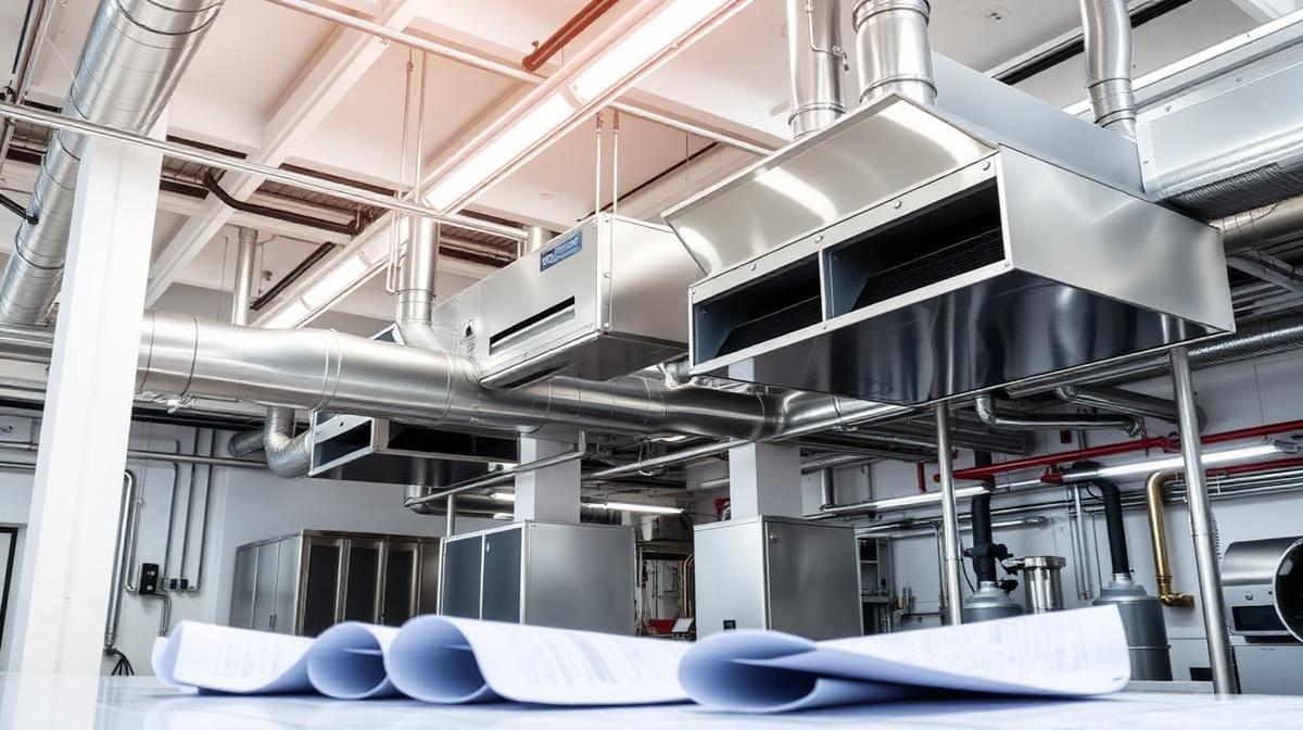 Commercial HVAC ductwork and mechanical room with rooftop units and engineering blueprints during a tenant improvement project
