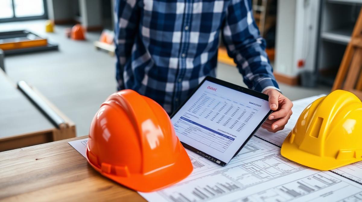Construction project manager reviewing tenant improvement cost estimate on tablet with hard hats and blueprints on a commercial job site