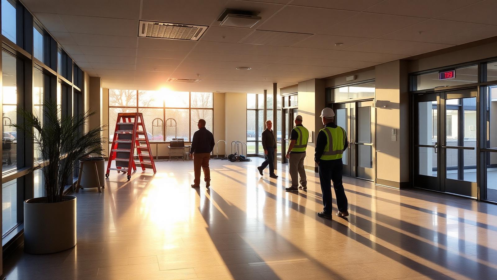 Coquitlam commercial tenant improvement lobby renovation in a mid-rise office building at sunrise with construction crew present