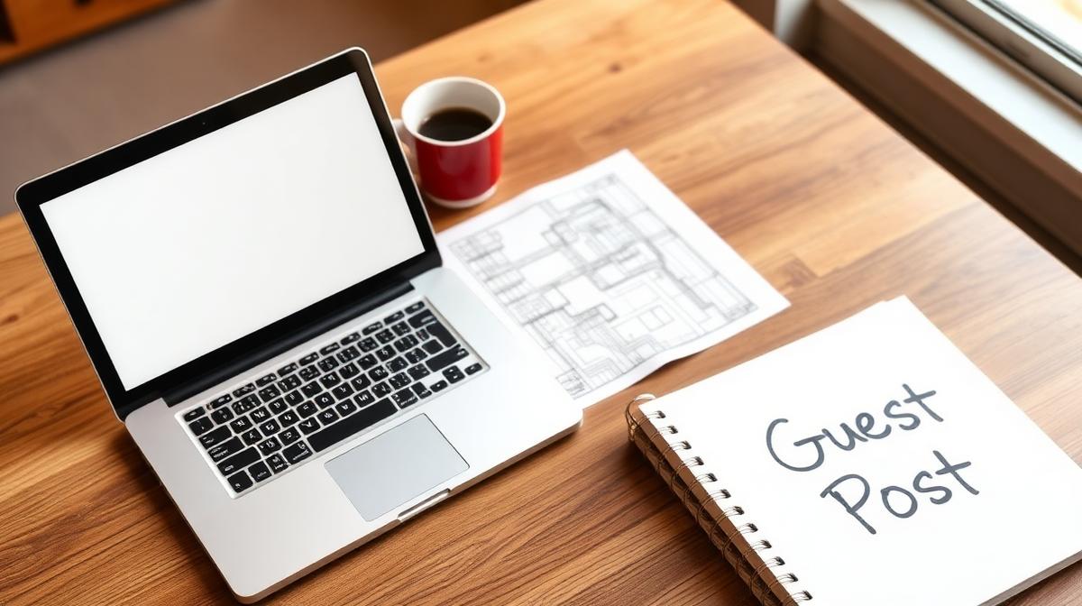 Laptop, blueprints, coffee, and notebook labeled Guest Post on a wooden desk representing construction-niche guest posting