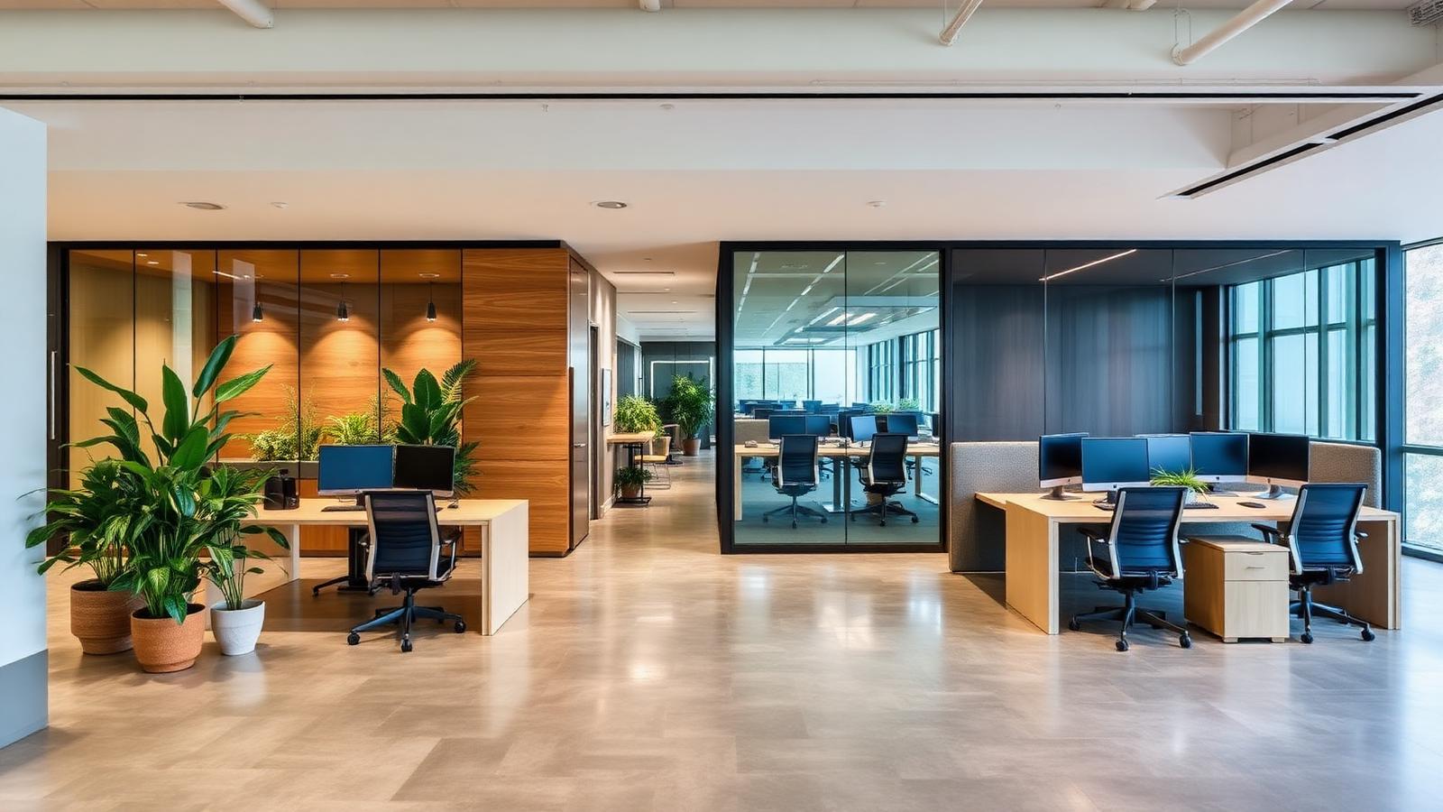 Hybrid workplace office tenant improvement with glass meeting pods, biophilic plants, open desks, and polished concrete floor