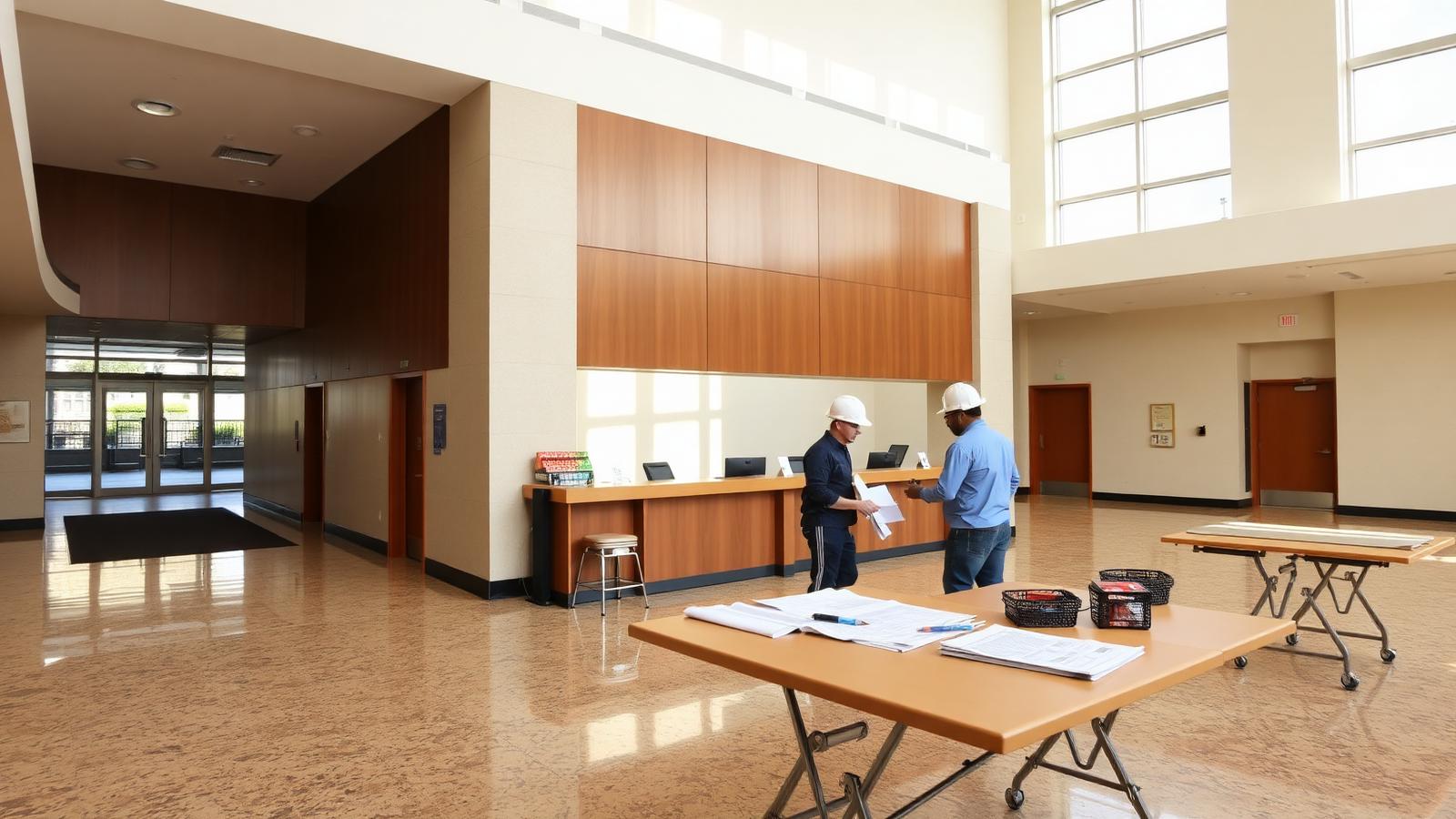 Institutional building lobby renovation with high ceilings, terrazzo floor, accessible reception desk and contractors reviewing plans