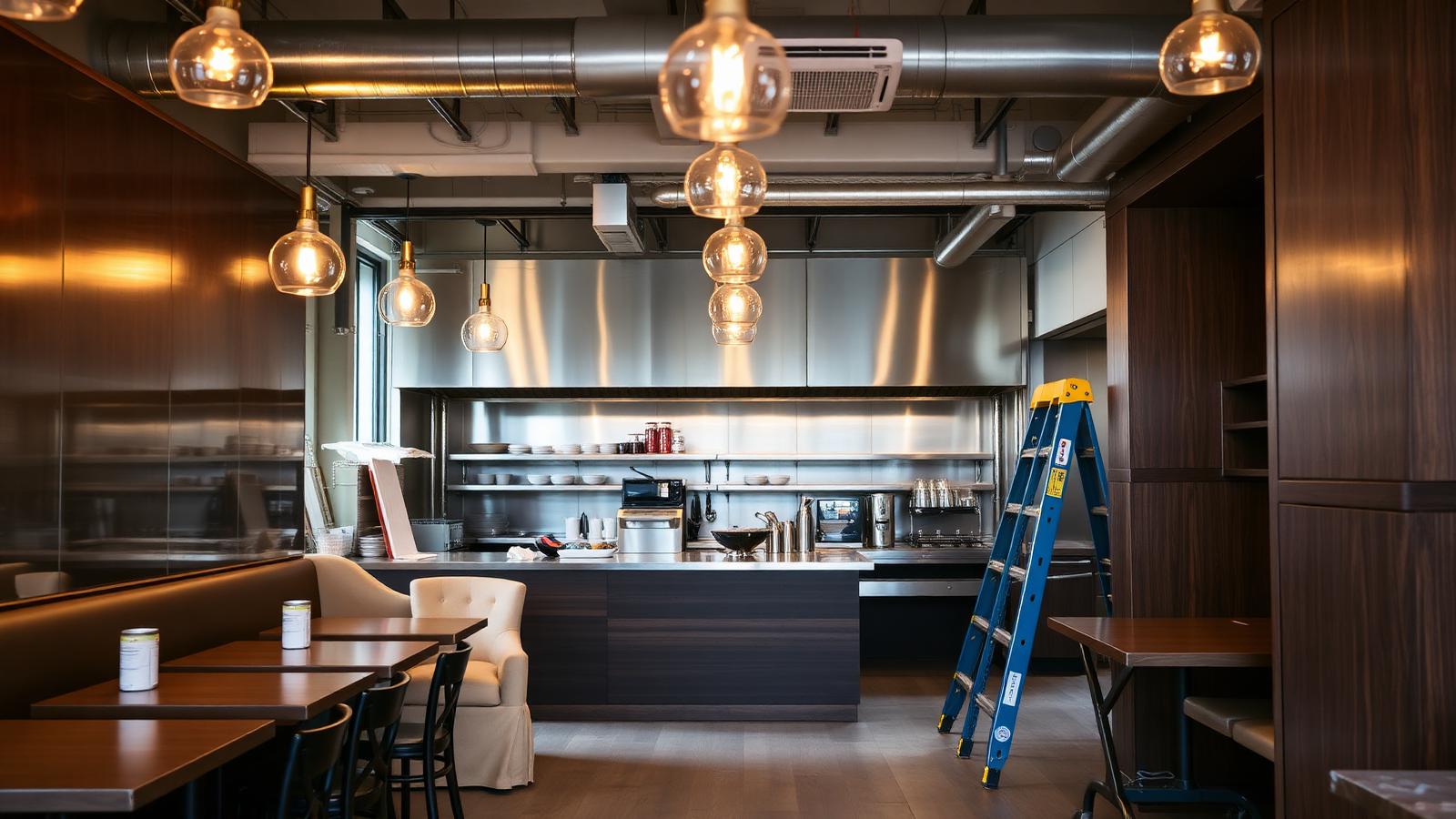 Mid-construction modern restaurant tenant improvement with exposed stainless steel kitchen, warm pendant lighting and dark wood millwork