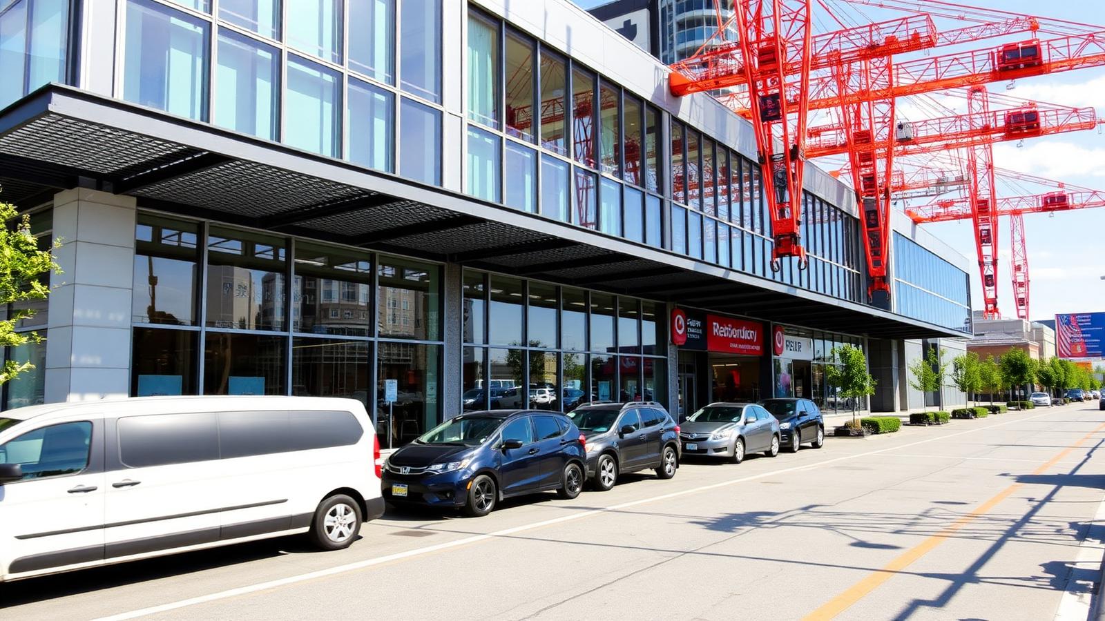 Richmond BC commercial building tenant improvement with modern retail plaza façade and construction cranes on a bright day