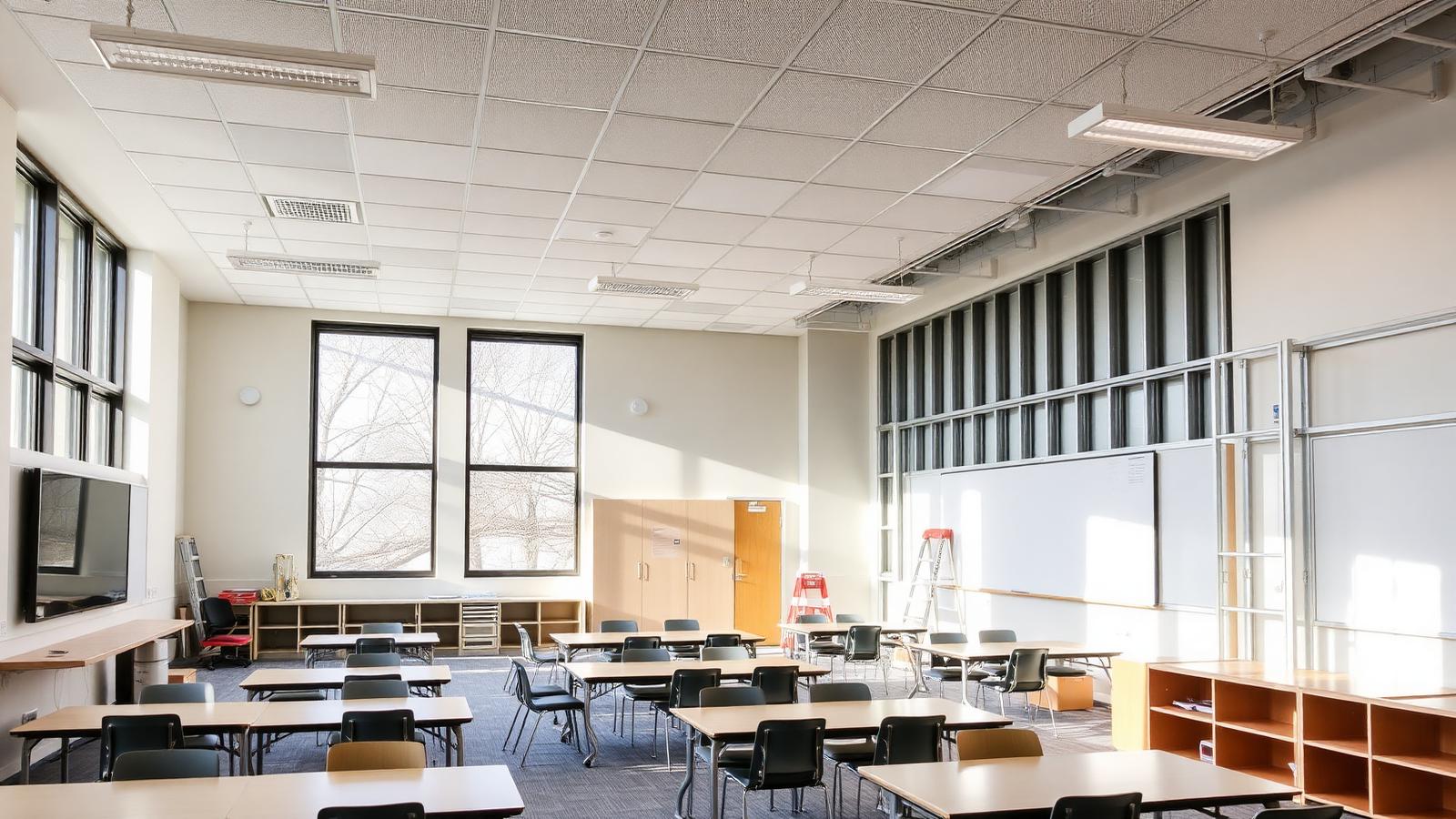 K-12 school classroom mid-renovation with new acoustic ceiling tiles, flexible furniture and steel stud framing visible in adjacent wall