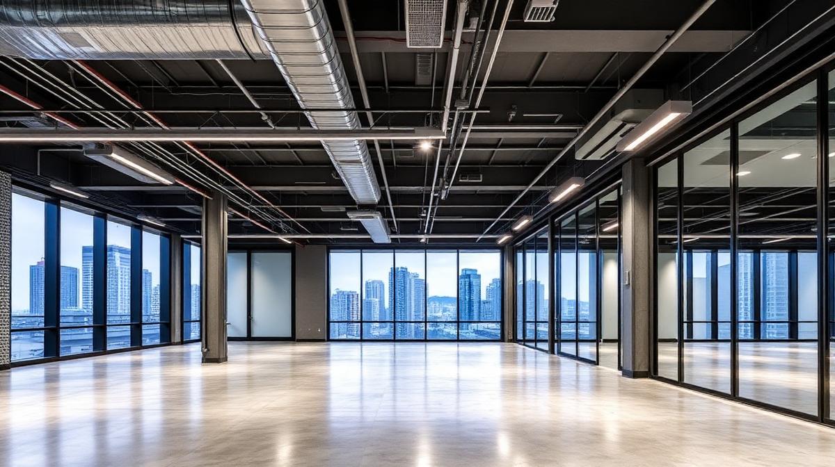 Vancouver BC commercial tenant improvement interior with steel stud framing, exposed ceiling and downtown skyline view by SteelStud.ca