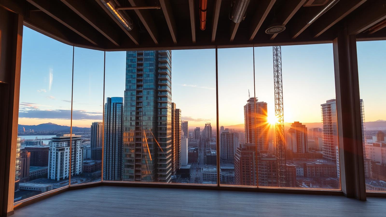 Downtown Vancouver commercial office tenant improvement in progress with steel stud framing and skyline views at golden hour