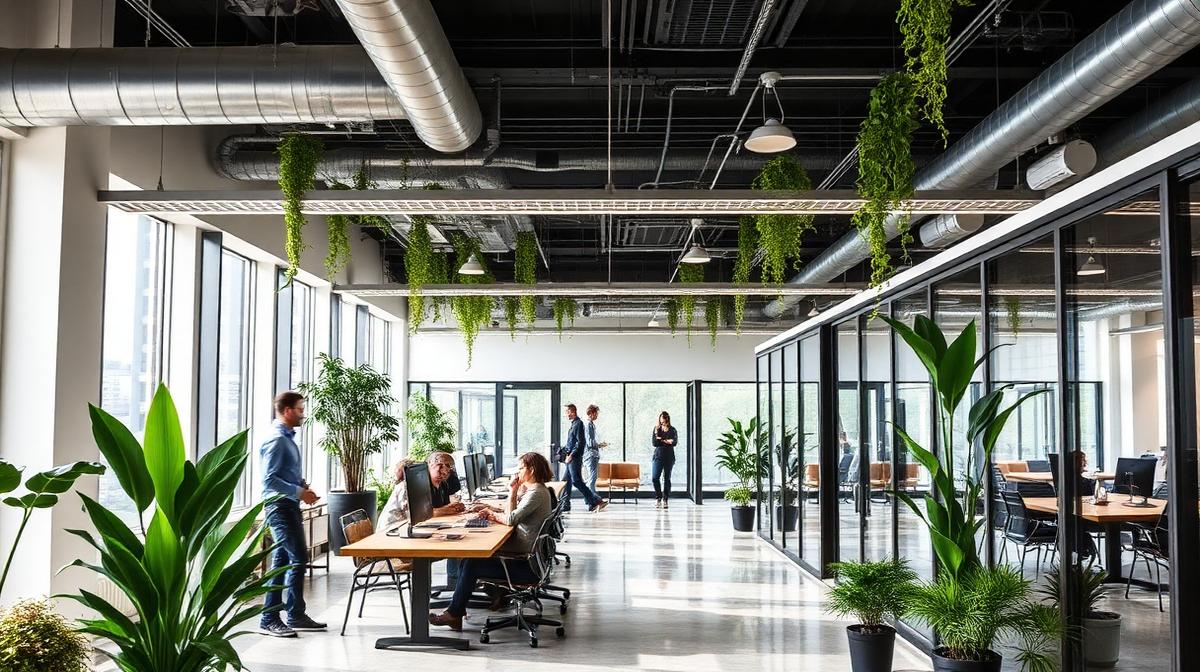 Modern open concept office with biophilic design elements, hanging plants, glass meeting rooms, and collaborative workspaces in 2026